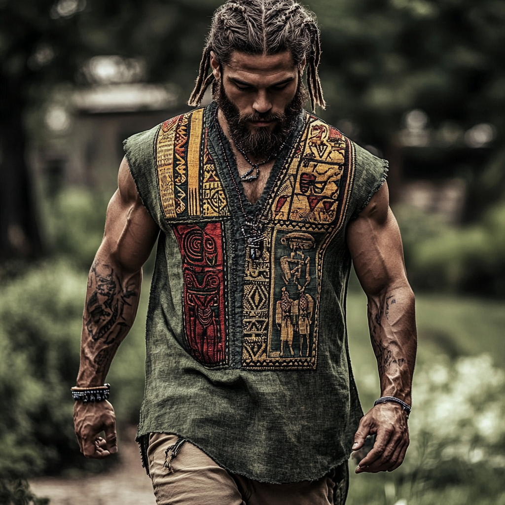 Men's African Ethnic Geometric Juneteenth Art Linen Tank Top