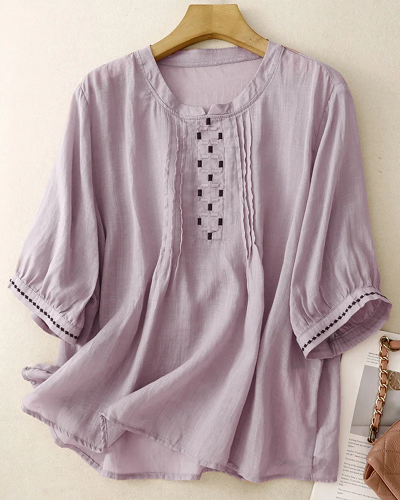 Vintage Embroidery Lantern Sleeve Short Sleeve