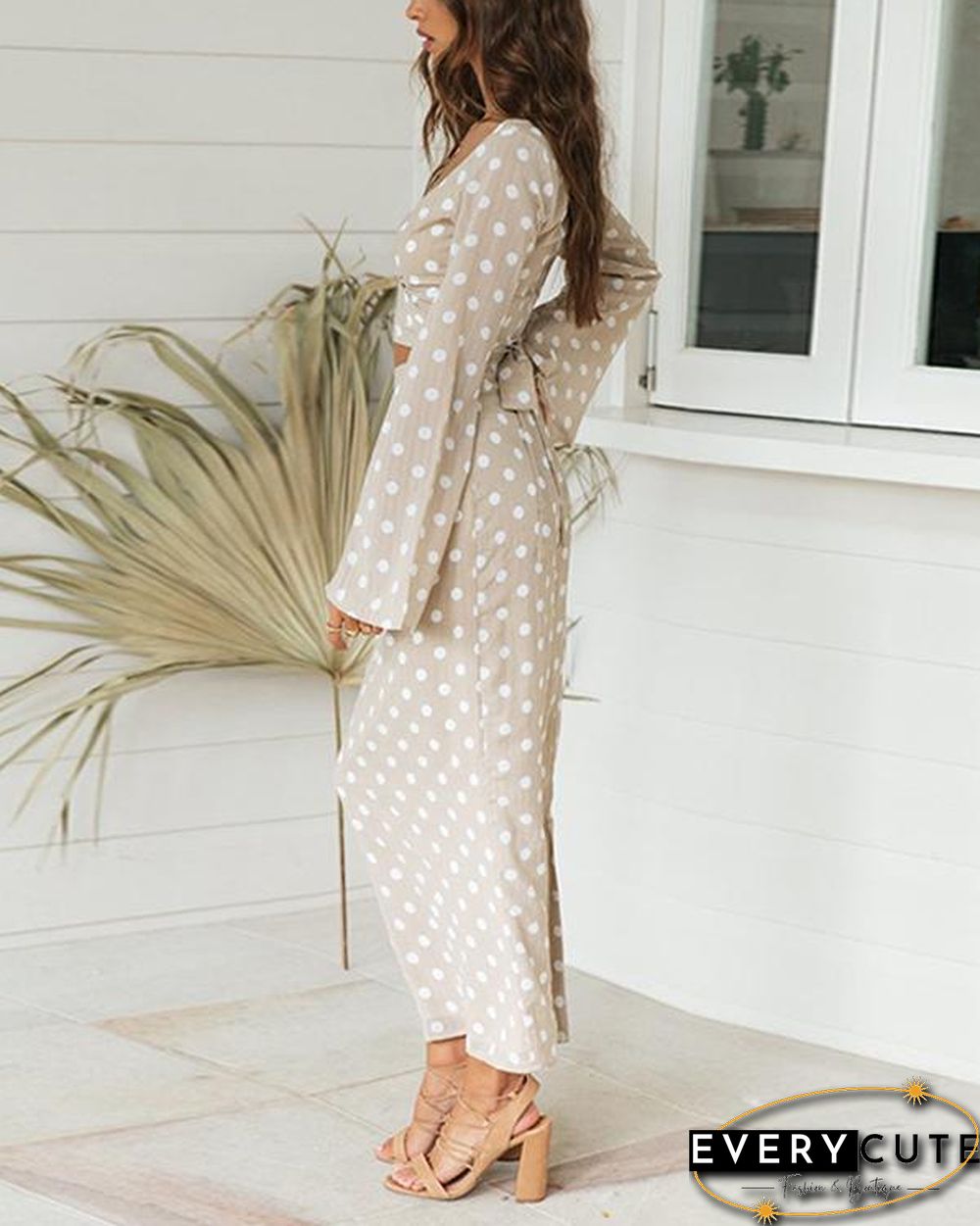 Elegant Polka Dot V-neck Lace Up Two Piece Skirt Suits