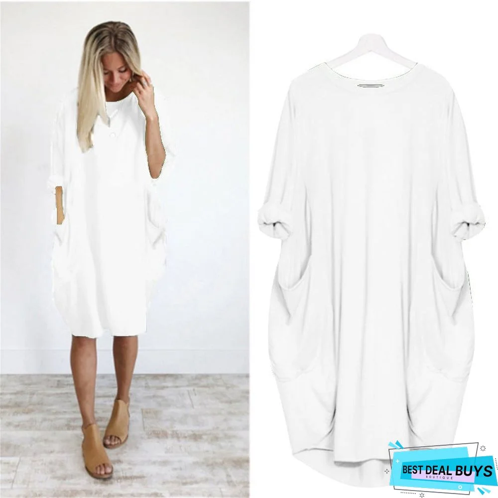 Women's Casual Loose Pocket Long-Sleeved Plus-Size Dress