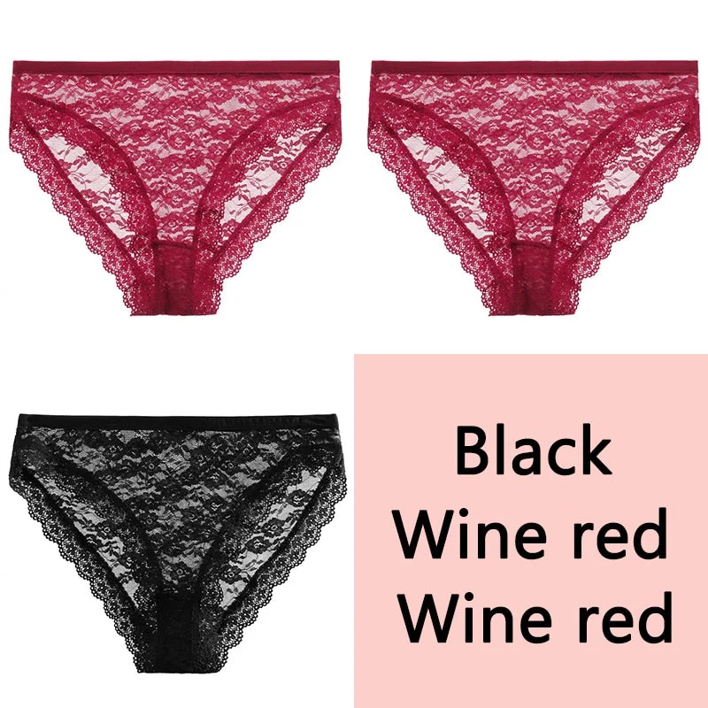 FINETOO Full Lace Briefs Panties Sexy Women Underwear M-2XL Low Waist Underpants Transparent Floral Panty Ladies Lingerie 3Pcs