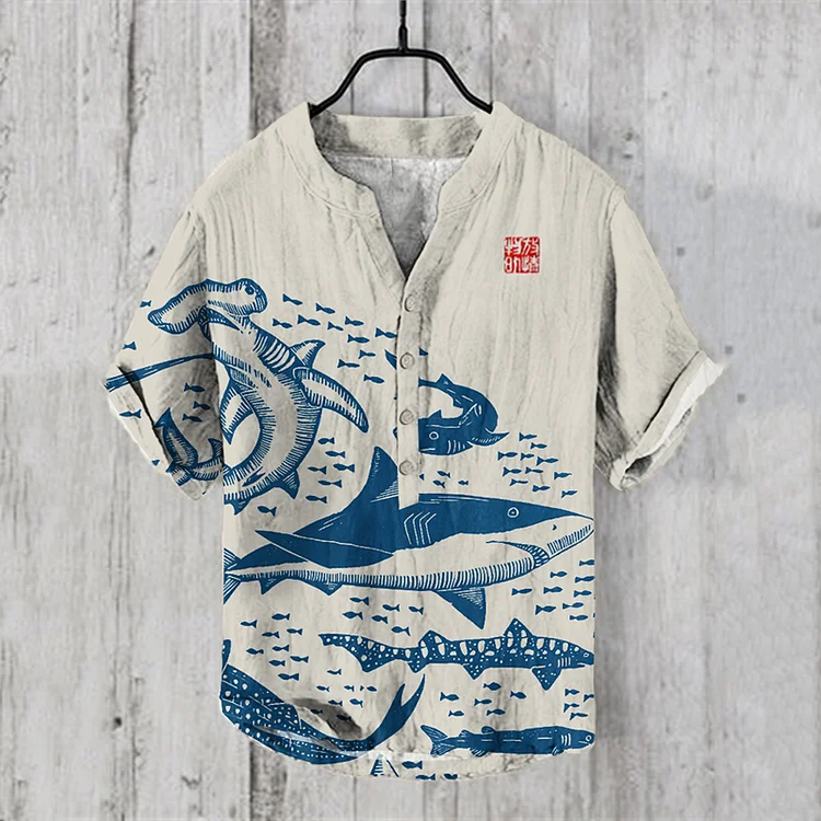 Sharks Japanese Lino Art Graphic Painting Art Linen V-Neck Shirt