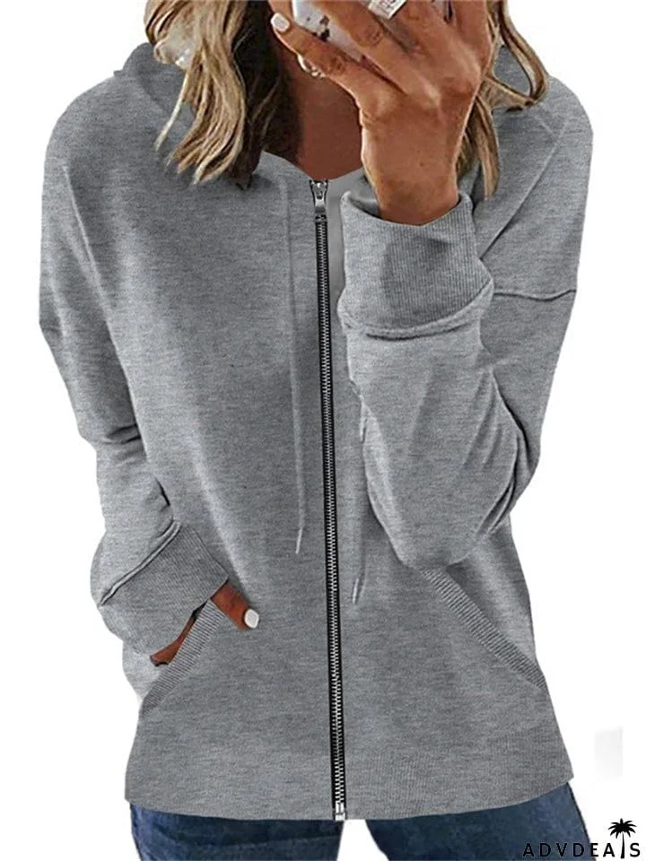 Casual Long Sleeve Solid Color Zipper Hoodies