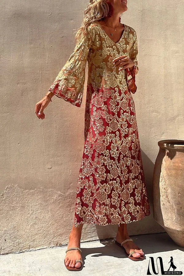 Summer Gold Floral Gradient Long Sleeve Dress