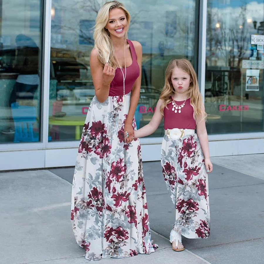 Mommy and Me Floral Multi-Color Casual A Matching Dresses