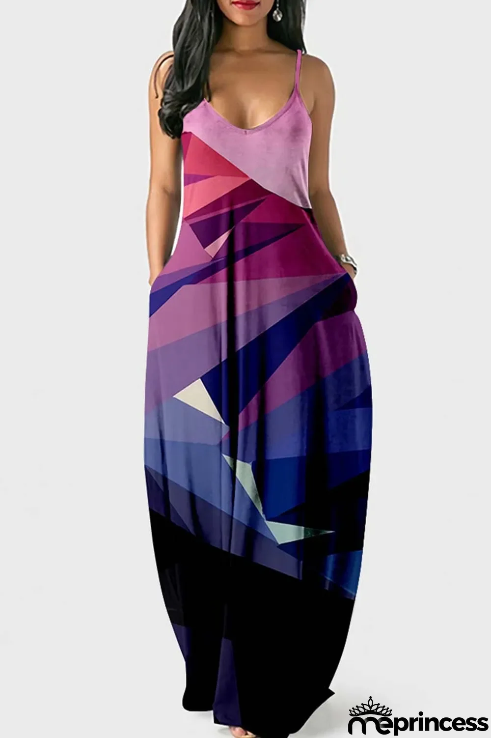 Fuchsia Sexy Casual Print Backless Spaghetti Strap Long Dress Dresses