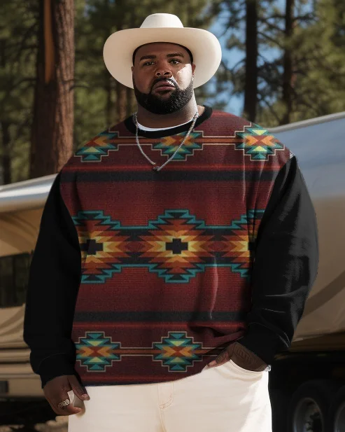 Men's Plus Size Western Ethnic Color Block Diamond Round Neck Long Sleeve Sweatshirt