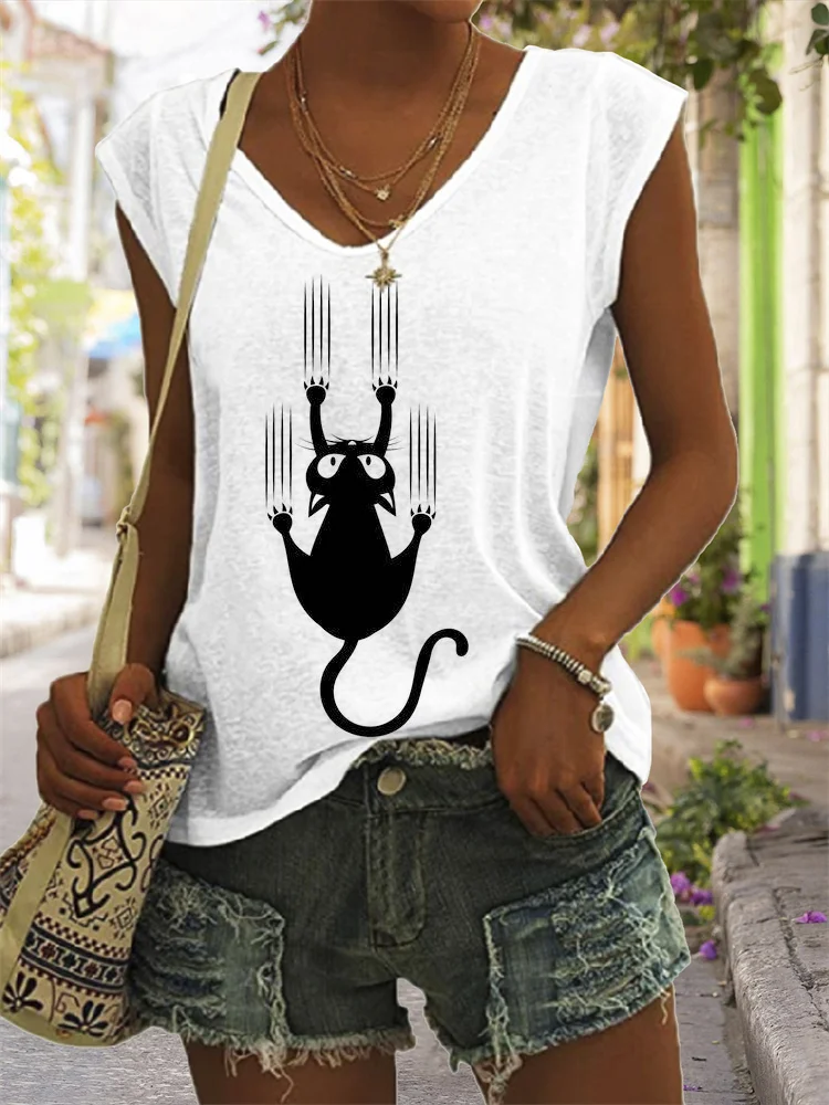Hanging Black Cat V Neck Tank Top
