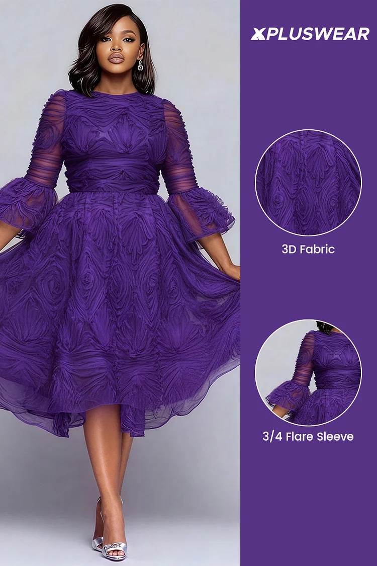 Xpluswear Design Plus Size Semi Formal Purple Round Neck Flare 3/4 Sleeve Elegant Midi Dresses [Pre-Order]