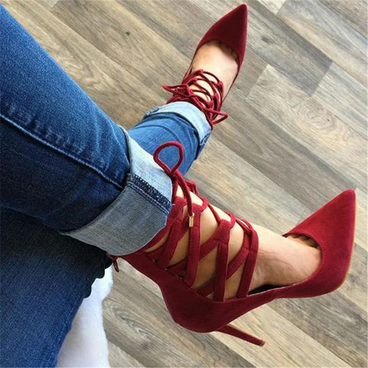 Red Strappy Heels Pointy Toe Lace up Suede Pumps Stiletto Heels