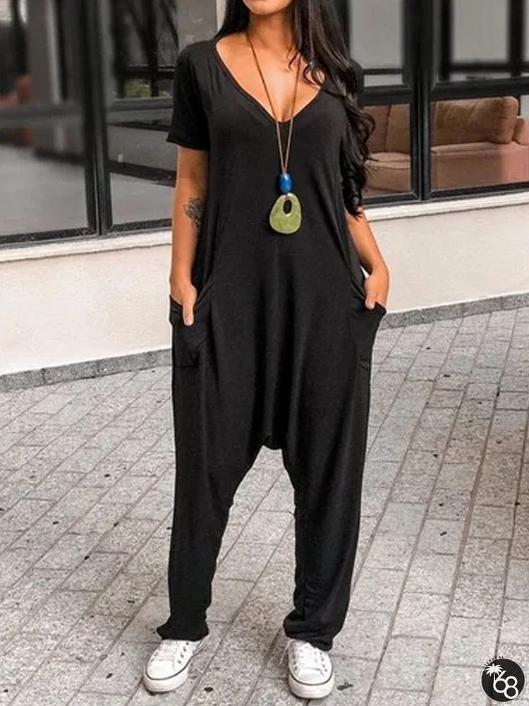 Simple Short Sleeve V Neck Solid Jumpsuit & Romper | 168DEAL