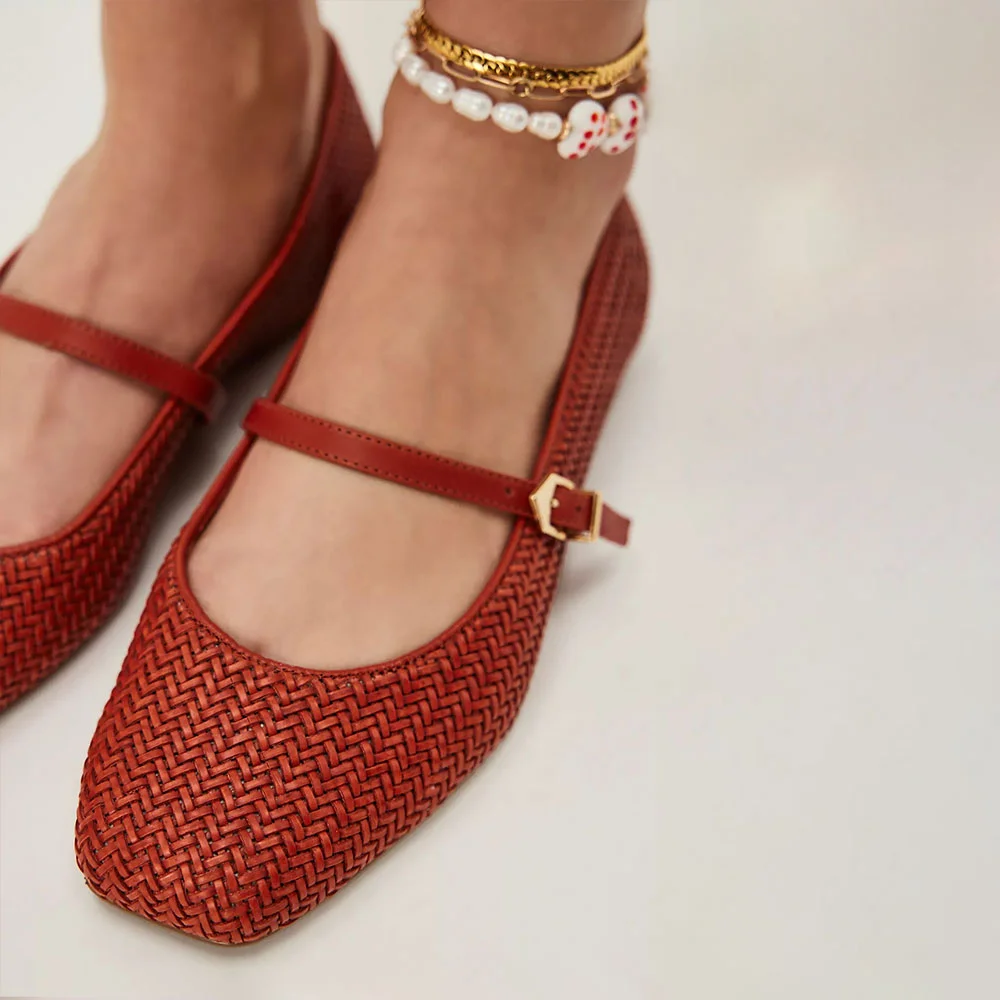 Red Square Toe Woven Detail Buckle Strap Flat Shoes for Women