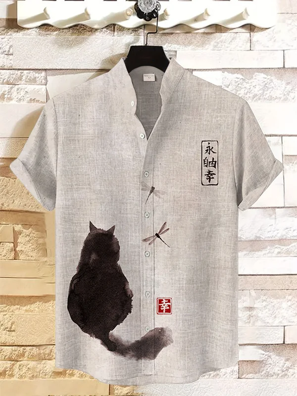 Men's Black Cat Japanese Art Print Linen Blend Shirt