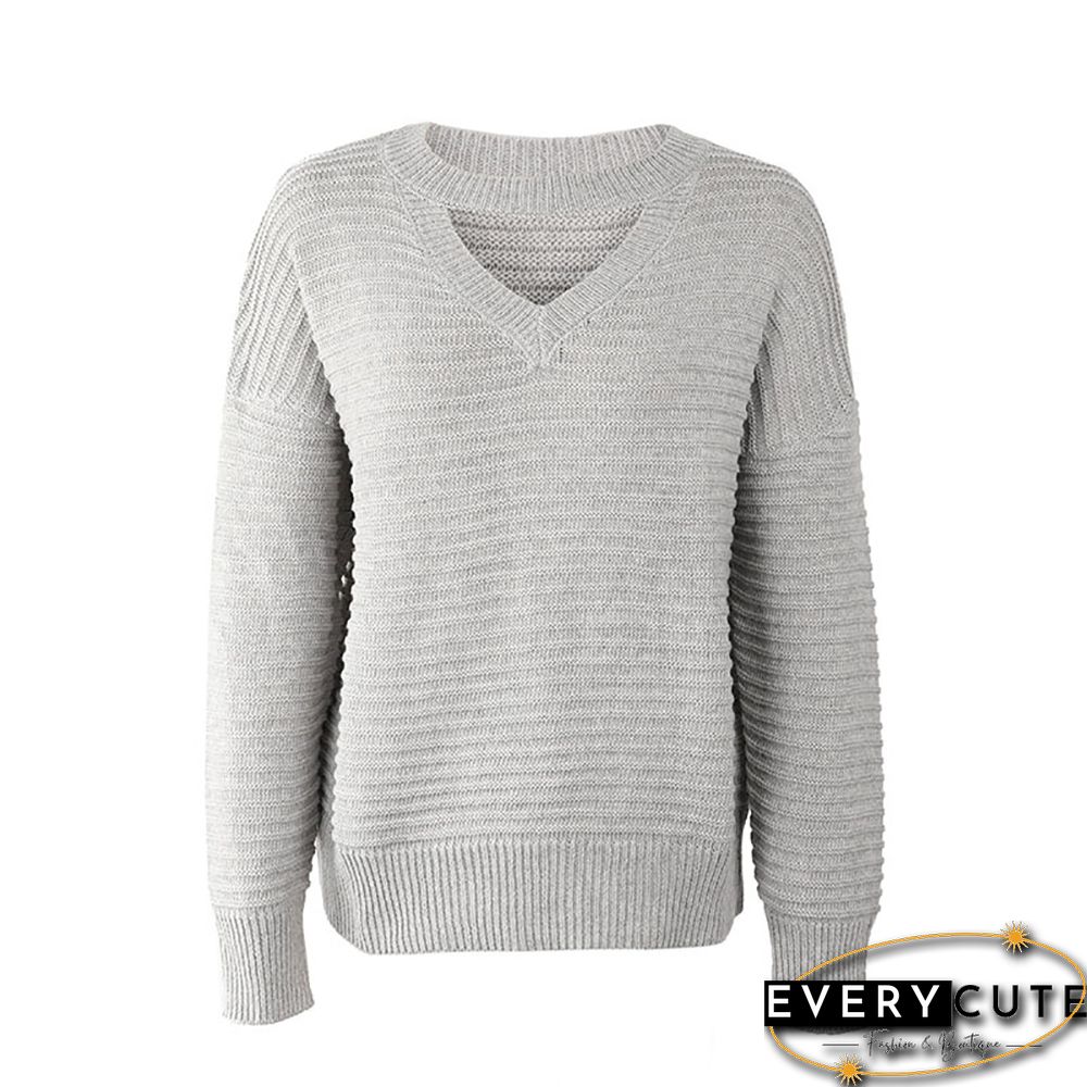 Solid Gray Front Cut-out Pullover Sweater