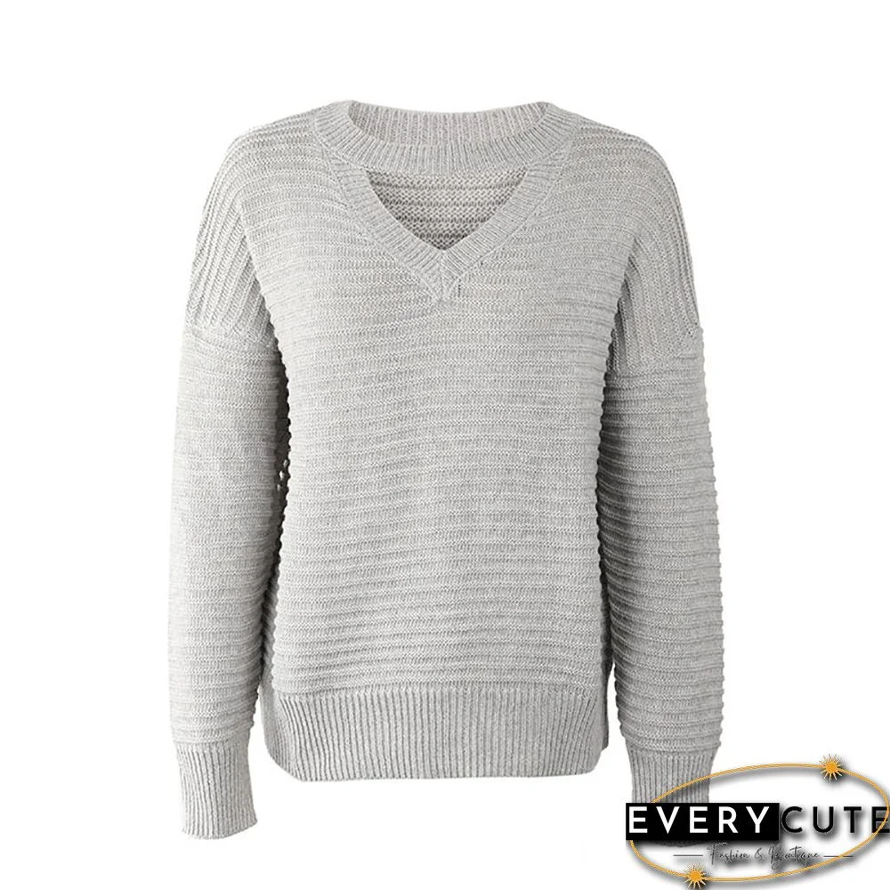 Solid Gray Front Cut-out Pullover Sweater