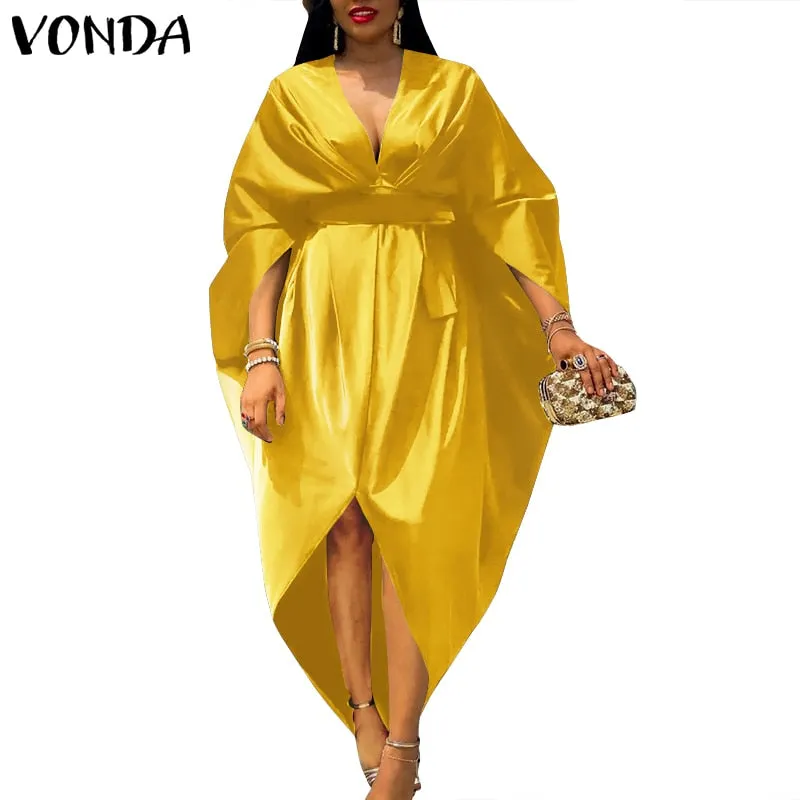 Summer Deep V Neck Party Dress VONDA Women Sexy  Irregular Hem Solid Party Dresses 2022 Bohemian Casual Vestidos Kaftan Robe