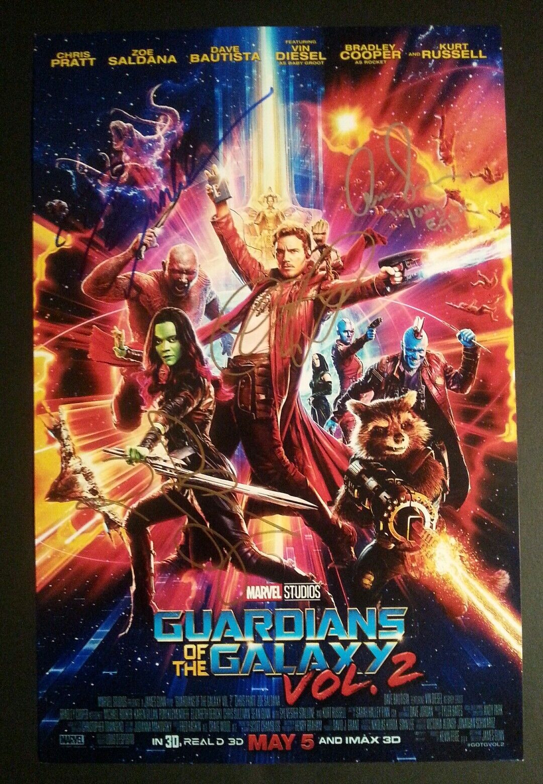 GUARDIANS OF THE GALAXY 2 Cast(x4) Authentic Hand-Signed Chris Pratt 11x17 Photo Poster painting