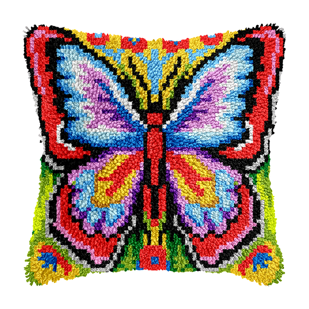 43x43cm Colorful Butterfly Cross Stitch Pattern Latch Hook Pillowcase for Adults