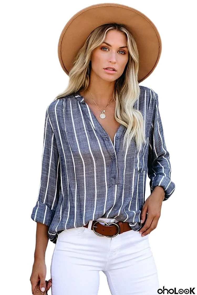 Striped V Neck Pocket Long Sleeve Top