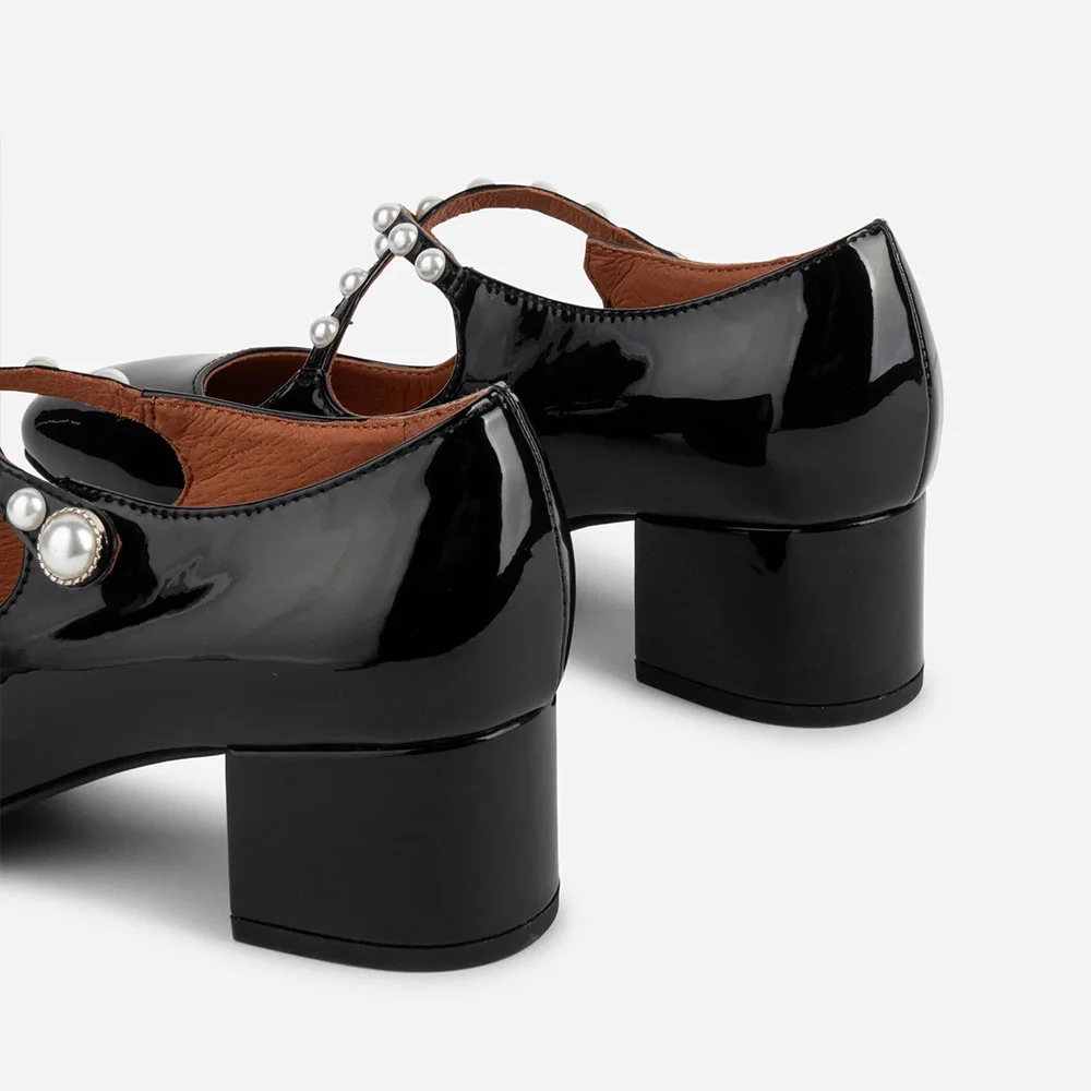 Square Toe Block Heel Pearl Cross Strap Black Pumps for Women