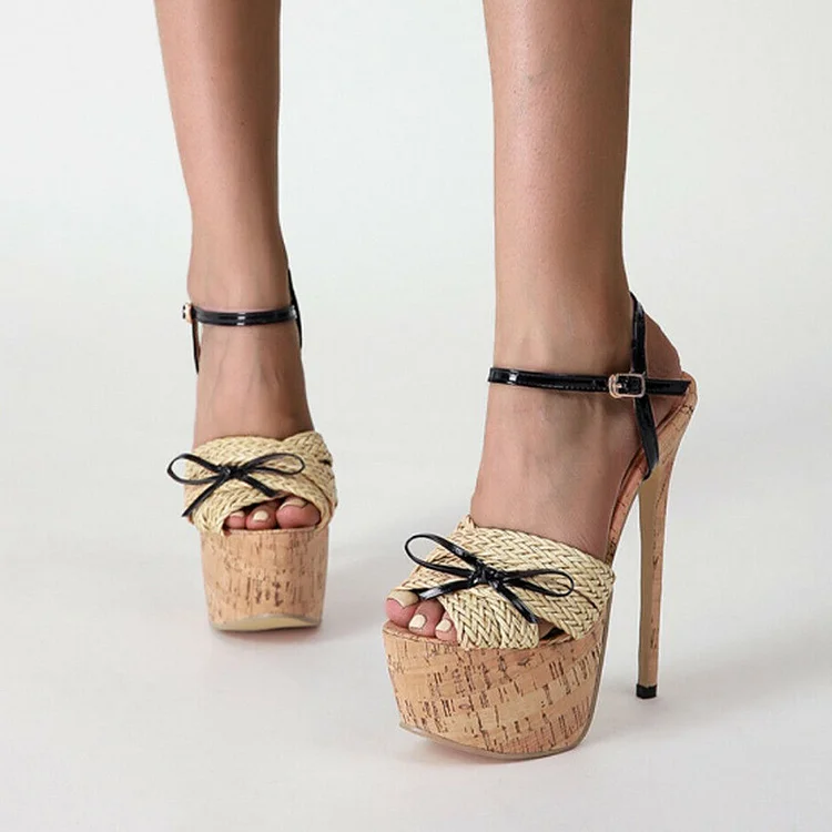 Beige Platform Braided Sandals Women'S Classic Stiletto High Heels Peep Toe Shoes |FSJ Shoes