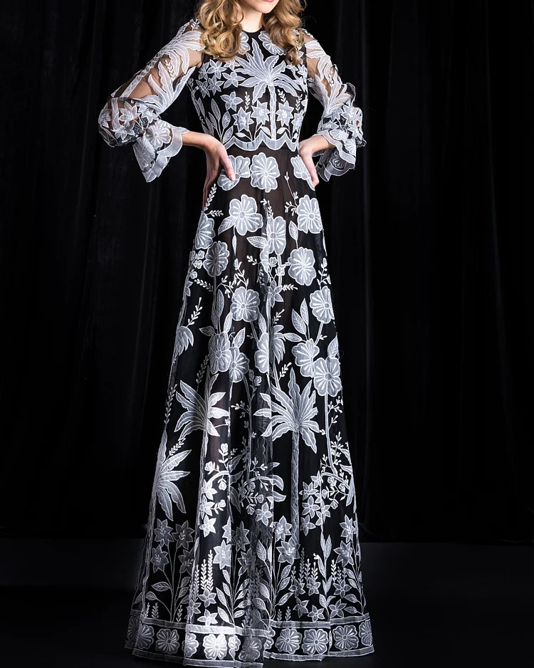 Women's Round Neck Long Sleeve Printed Dress