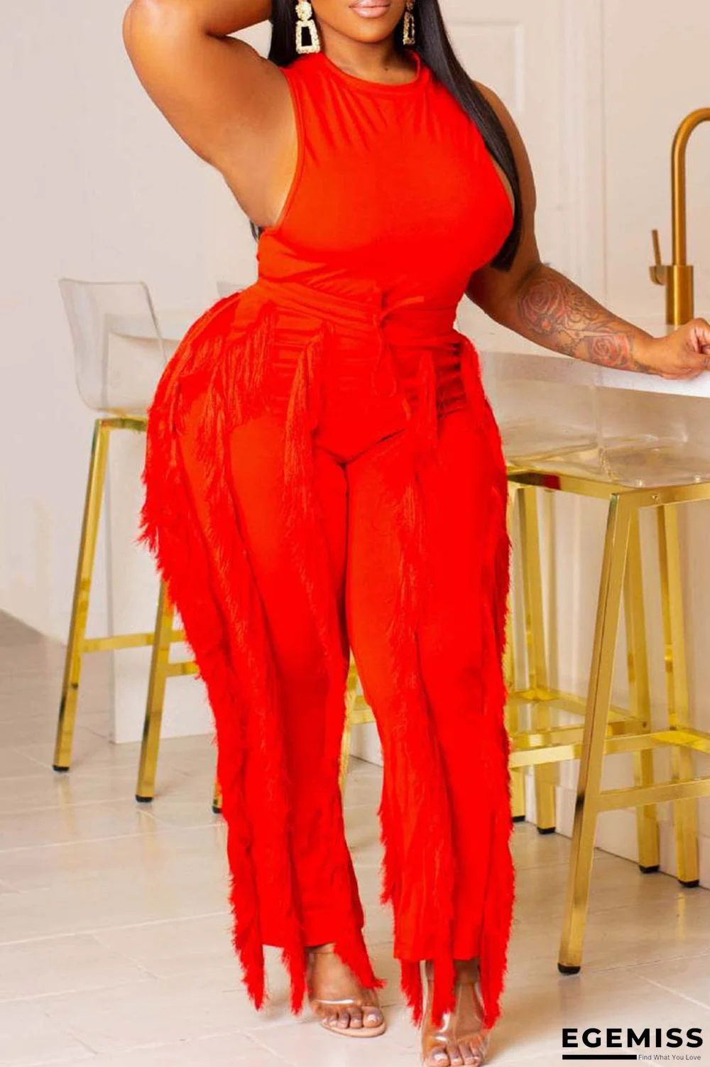 Red Sexy Solid Tassel Patchwork O Neck Two Pieces | EGEMISS