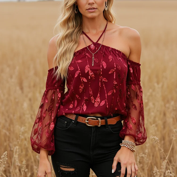 Women's Lace Mesh Embroidery Long Sleeves Top Shirt