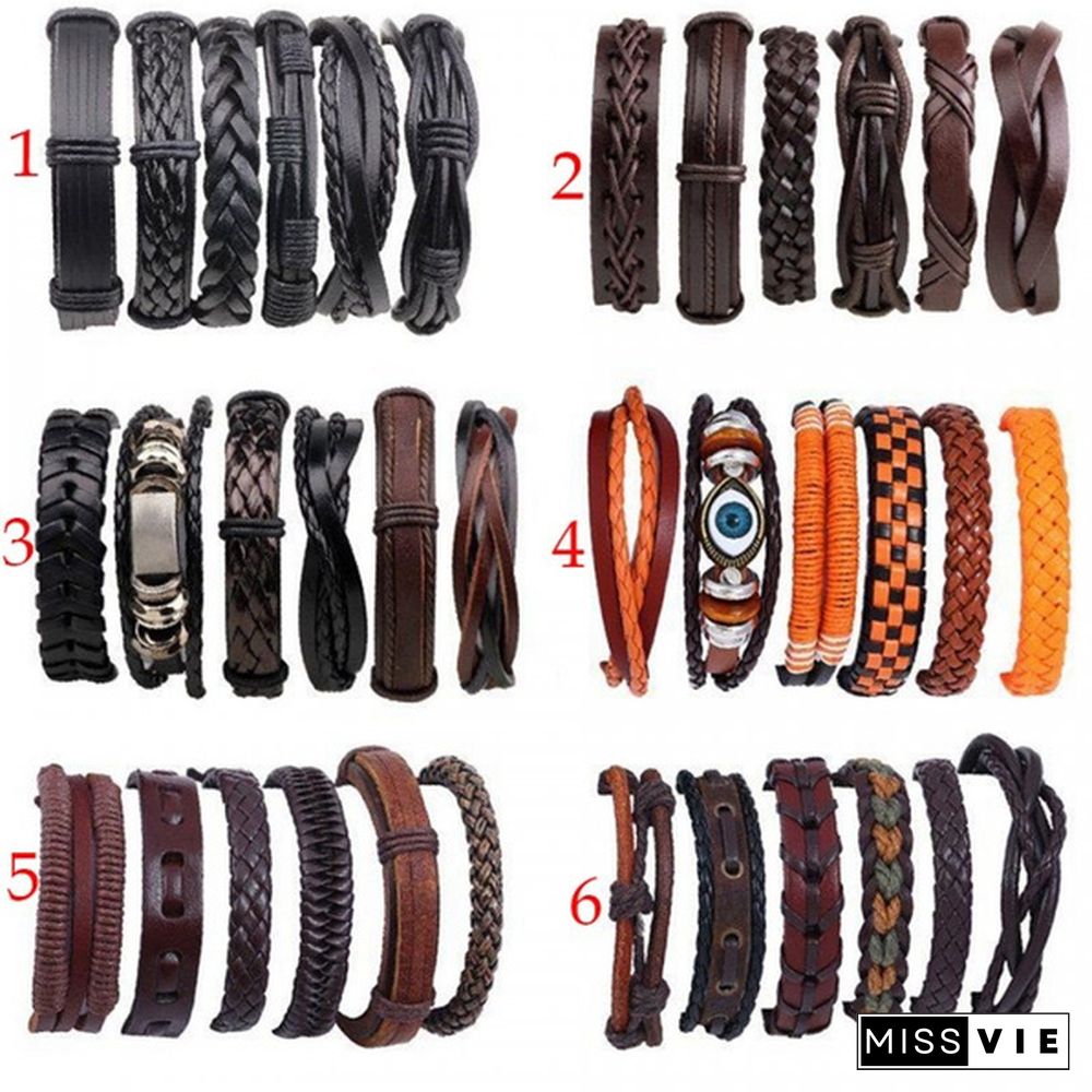 6pcs/set Vintage Punk Leather Bracelet Wristband Bangle Men Jewellery Gift