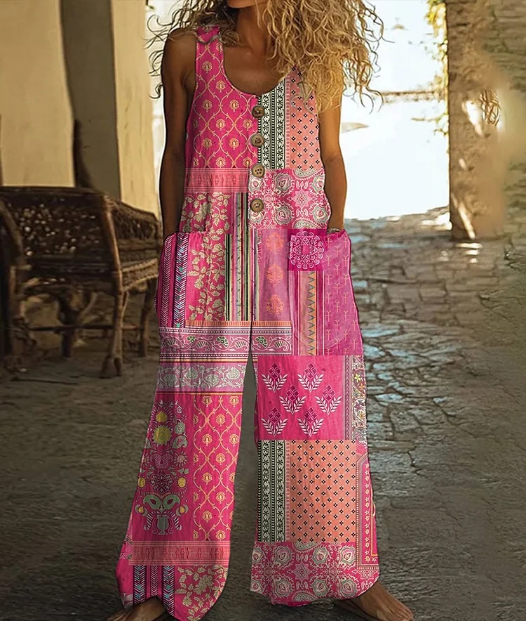 Vintage Floral Art Print Casual Wide Leg Jumpsuit