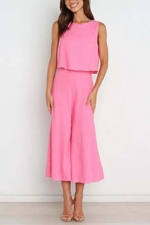 Kelsi Dress Crewneck Sleeveless Top and Wide Leg Pants Solid Set