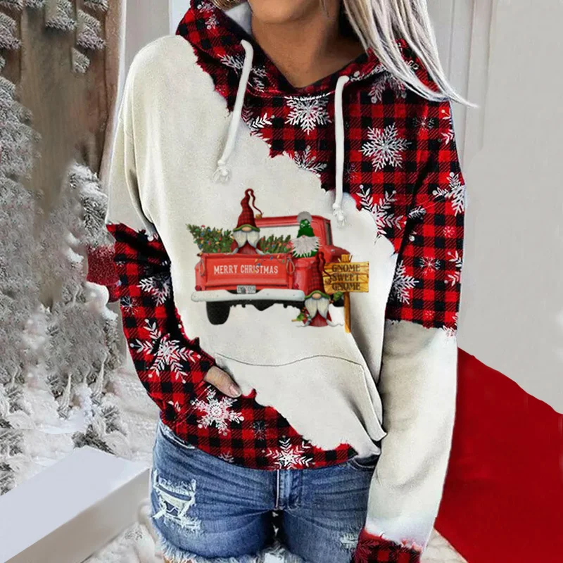 Check Color-matching Snowflake Christmas Car Printed Hoodie