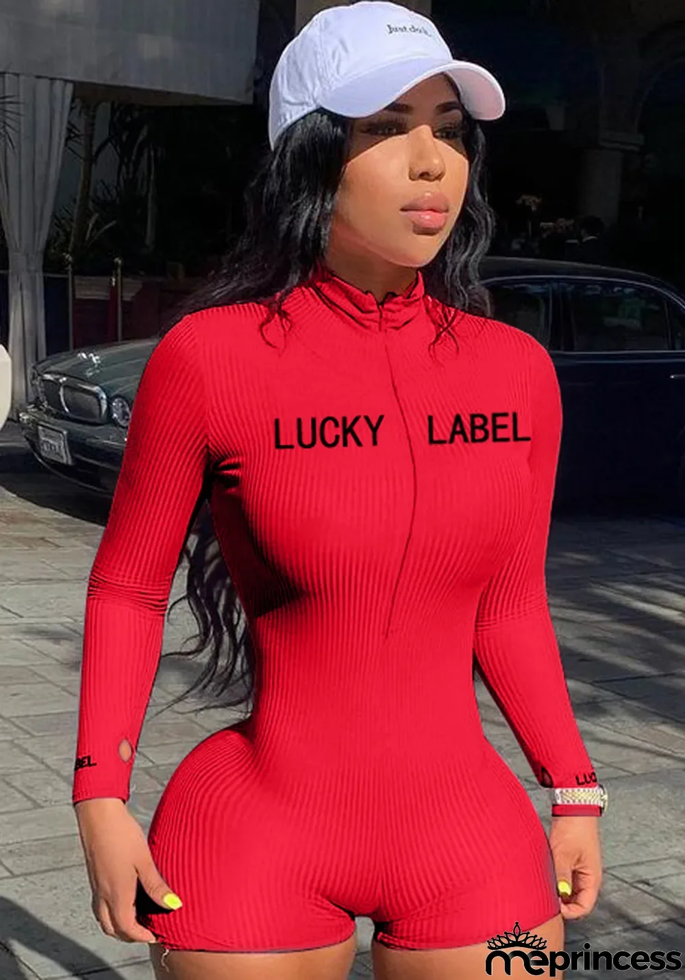 Women Summer Red Sporty Turtleneck Full Sleeves Letter Print Embroidery Above Knee Regular Rompers