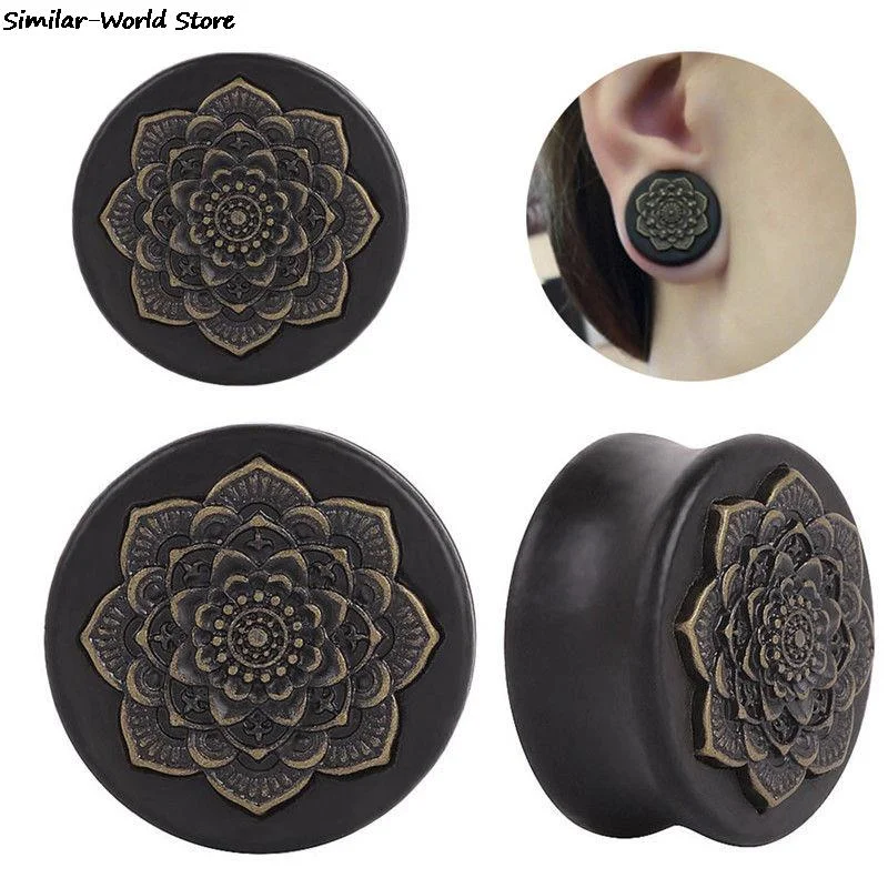 Black Natural Wood Mandala Flower Ear Plugs Tunnels Ear Expanders Earring Gauges Piercing Plug Ears Body Jewelry New Style