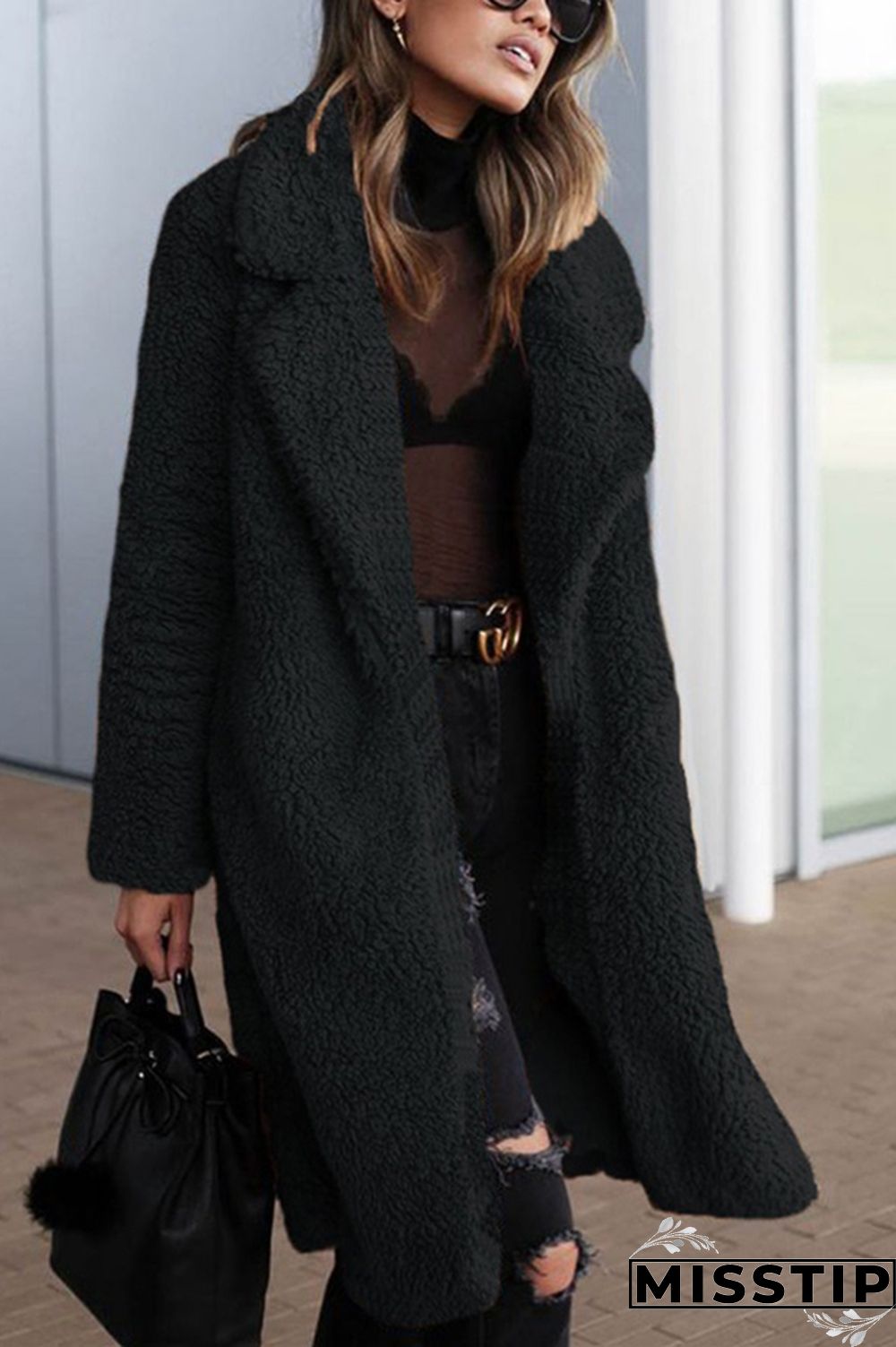 Black Fashion Turndown Collar Pocket Long Sleeved Coat