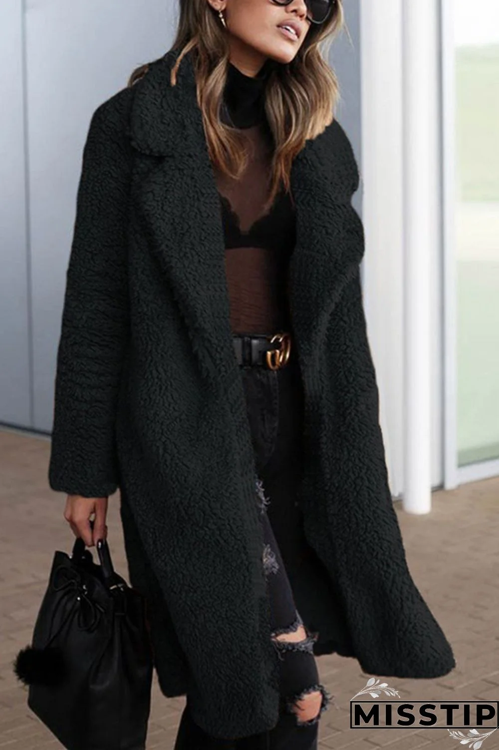 Black Fashion Turndown Collar Pocket Long Sleeved Coat