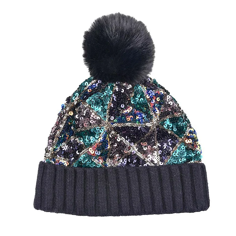 Sequined plush thickened warmth detachable knit hat