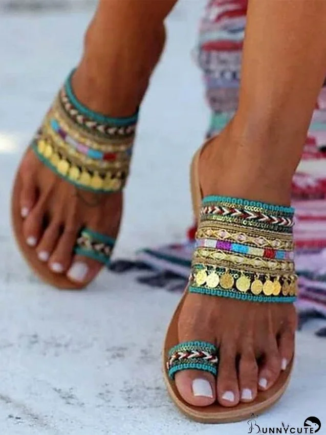 Women's Sandals Boho Bohemia Beach Flat Sandals Outdoor Slippers Outdoor Daily Beach Summer Sequin Flat Heel Open Toe