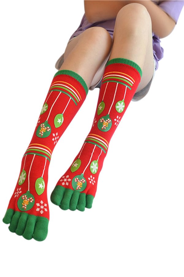 Cute Snowflake Print Christmas Tube Toe Socks Red-elleschic