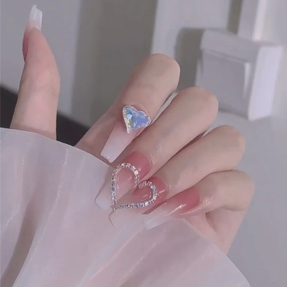 24PCS Fake Nails with Shiny Bow Diamond Design  Long Coffin Head French Style Press on Nails Wearable Full Finished Nail Patches-Nail Inspo