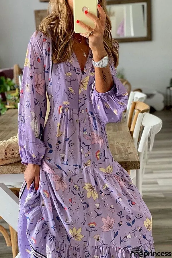 Lavender Flavor Printed Long Sleeve Button A-line Maxi Dress