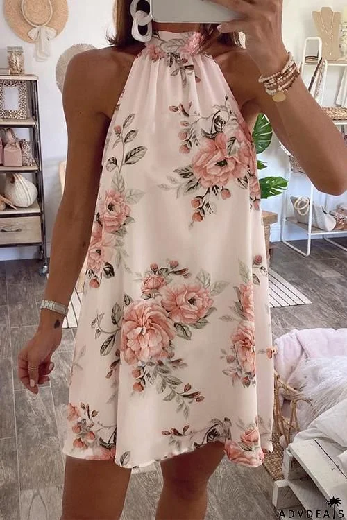 Floral Print Halter Neck Sleeveless Mini Dress