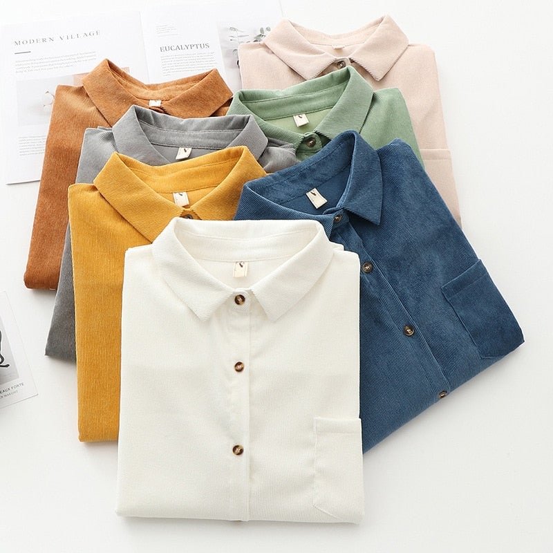 Simple Corduroy Shirts Women 2021 Spring New Casual Loose Blouses and Tops Lady Long Sleeve Blouse Young Style Clothes