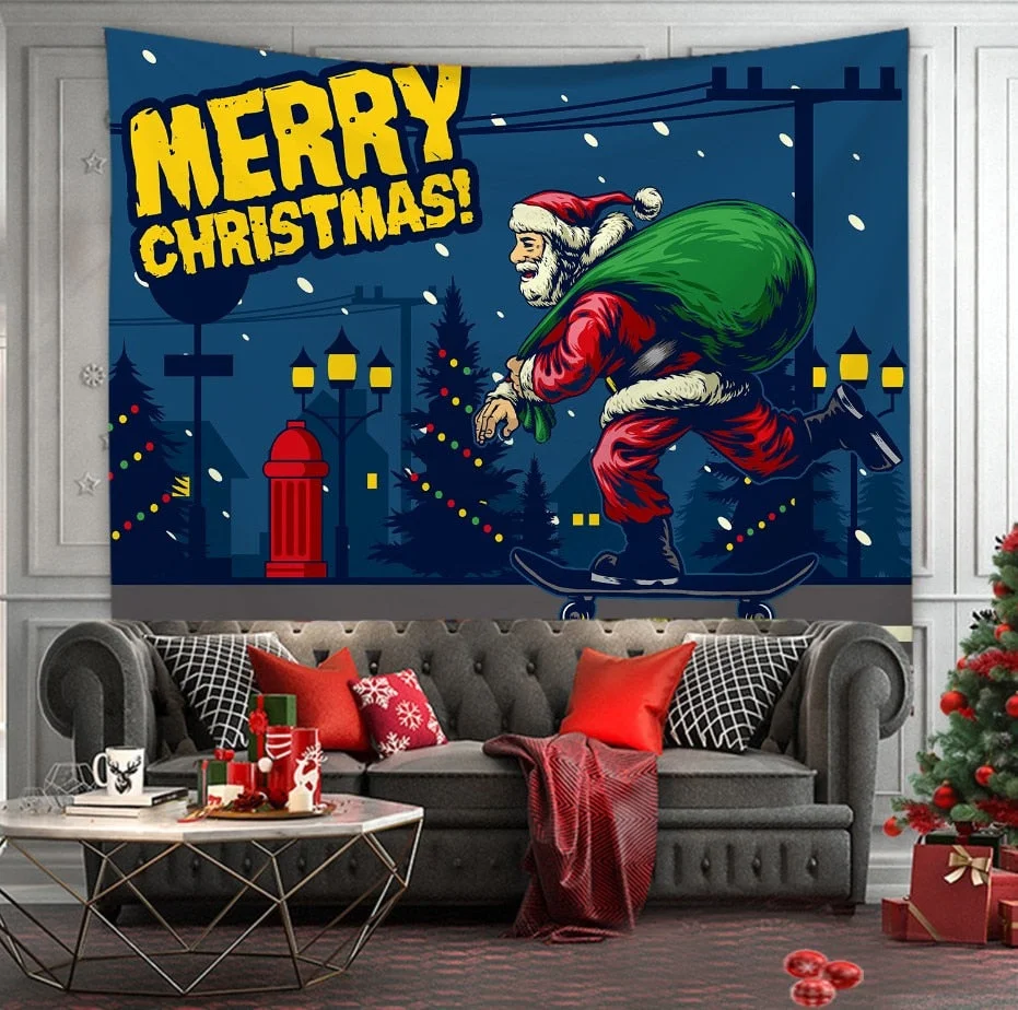 Christmas Tree Print Tapestry Wall Hanging Background Cloth Decor Red Santa Claus Polyester Tapestry Home Room Wall Decoration