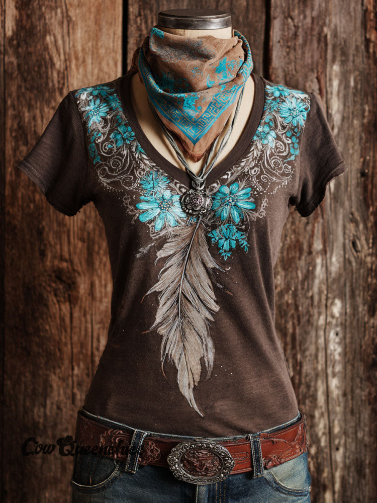 Vintage Floral Feather Print V-neck T-shirt Multicolor / S