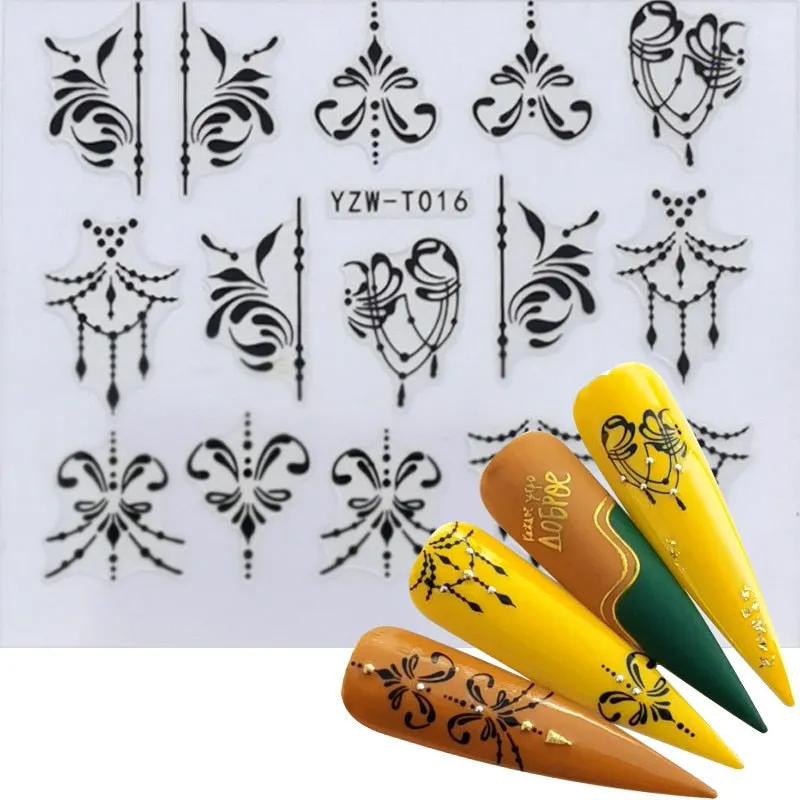 1 Sheet 3D Stickers For Nails Black Letter Leaf Flower Patterns Slider Nail Art Manicure Adhesive Tips Decals DIY Decorations-Nail Inspo
