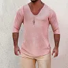 Men's Deep V Neck Breathable Linen Cotton Mid Sleeve T-Shirt by Inlyline