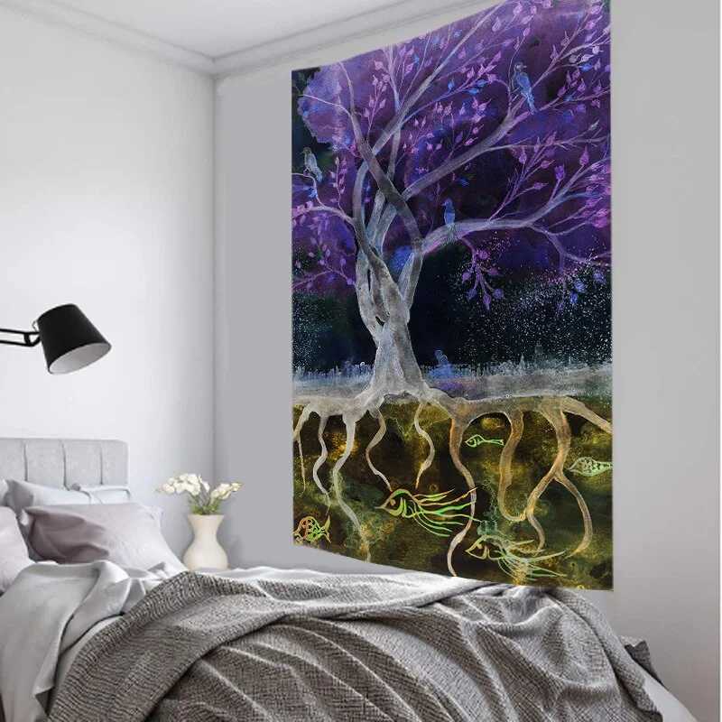 Dream Tree Tapestry Tree Forest Starry Sky Psychedelic Carpet Wall Cloth Tapestries Tenture Hippie Tree Mandala Tapiz Landscape