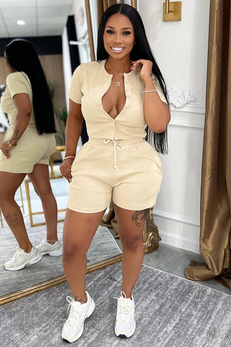 Button Up Short Sleeve Top Solid Shorts Casual 2pcs Set-Beige [Pre Order]
