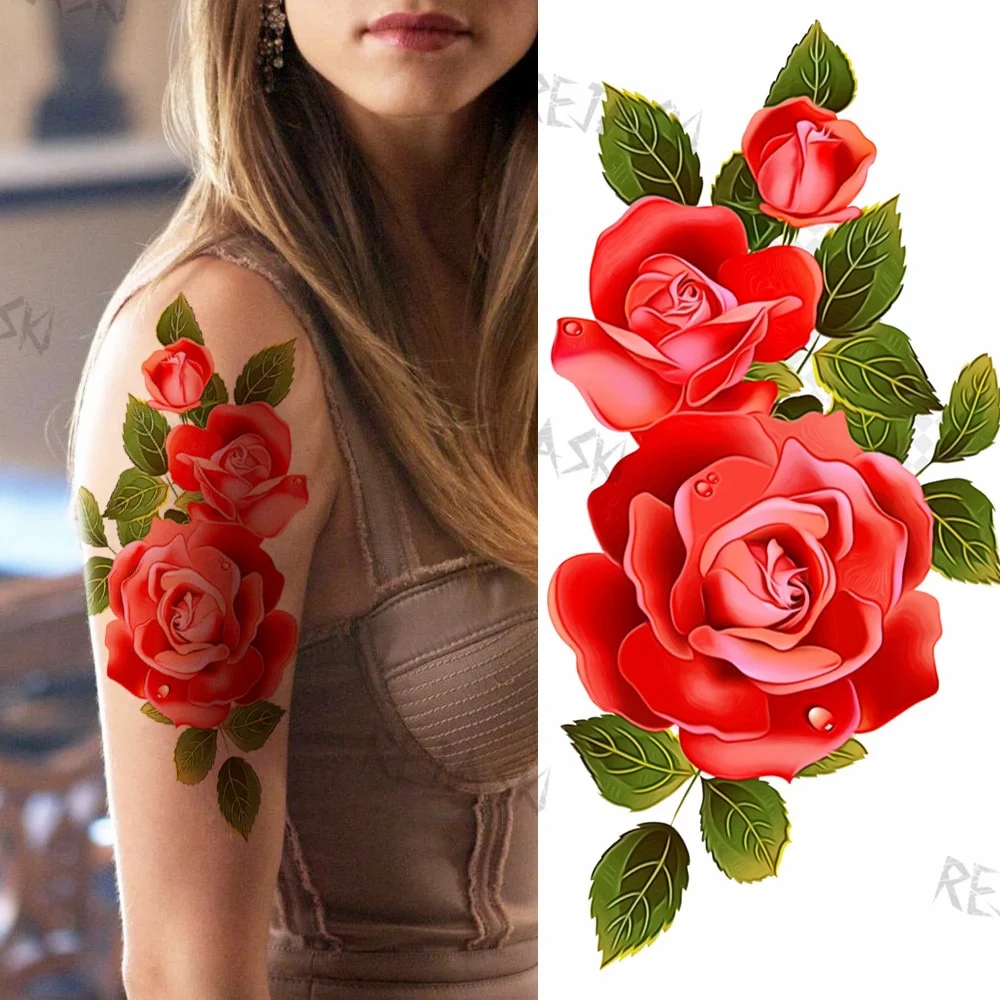 Sdrawing Rose Jewelry Water Transfer Tattoo Stickers Women Body Chest Art Temporary Tattoo Girl Waist Bracelet Flash Tatoos Flower